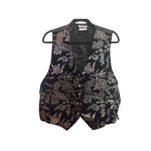 VTG 90s Ms Choice Black Velvet Metallic Brocade Floral Button Front Vest Large